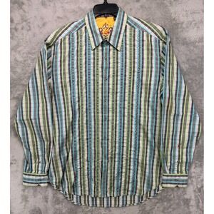 Robert Graham Men's Flip Cuff Shirt XL Striped Embroidered Long Sleeve Button Up
